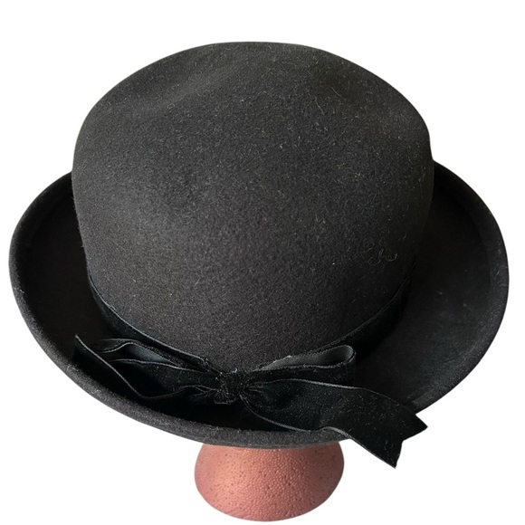 Classic Black Bowler Hat, vintage wool with velvet ribbon main image 9